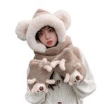 Aobiono Kawaii Ayı Kulakları Polar Şapka Atkı Eldiven Eldiven 3'ü 1 Arada Sherpa Bere Kar Maskesi Kadın Kız Sevimli Sıcak Peluş Skully Şapka, KAHVE KAHVERENGİ, Tek Beden
