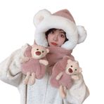 Aobiono Kawaii Ayı Kulakları Polar Şapka Atkı Eldiven Eldiven 3'ü 1 Arada Sherpa Bere Kar Maskesi Kadın Kız Sevimli Sıcak Peluş Skully Şapka, Koyu Pembe, Tek Beden