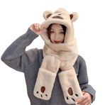 Aobiono Kawaii Ayı Kulakları Polar Şapka Eşarp Eldiven 3'ü 1 Arada Eldiven Suni Kürk Kar Maskesi Kadın Kış Sıcak Peluş Bere Şerpa Sevimli, Bej, Tek Beden