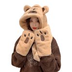 Aobiono Kawaii Ayı Kulakları Polar Şapka Eşarp Eldiven 3'ü 1 Arada Eldiven Suni Kürk Kar Maskesi Kadın Kış Sıcak Peluş Bere Şerpa Sevimli, Haki, Tek Beden