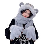 Aobiono Kawaii Kaplan Kulakları Polar Şapka Eşarp Eldiven Pati Mitten 3'ü 1 Arada Sherpa Bere Kar Maskesi Kadın Sevimli Sıcak Peluş Skully Şapka, Gri, Tek Beden