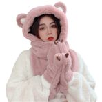 Aobiono Kawaii Kaplan Kulakları Polar Şapka Eşarp Eldiven Pati Mitten 3'ü 1 Arada Sherpa Bere Kar Maskesi Kadın Sevimli Sıcak Peluş Skully Şapka, Koyu Pembe, Tek Beden