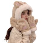 Aobiono Kawaii Tavşan Kulak Polar Şapka Eşarp Eldiven Eldiven Eldiven 3'ü 1 arada Şerpa Bere Kar Maskesi Kadın Kız Tavşan Sevimli Peluş Kafatası Şapkası, Bej, Tek Beden