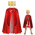AOOWU King Cape, Taçlı Kral Kostümü, Kırmızı Kadife Kraliyet Elbisesi, Ortaçağ Prens Kral Kraliçe Pelerin Kaban Süslü Elbise Cosplay Parti Karnavalı, 80 cm Çocuk (C3-SL-80CM-3503344)