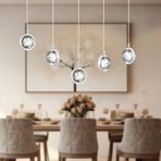Apliqa Eldon 5'li Sıralı 3 Renkli 75 Watt Krom Kristal Ledli Modern Oturma Odası Salon Sarkıt Avize