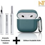 Apple Airpods 4. Nesil Uyumlu Yüksek Kalite Liquid Silikon Tıpalı Kılıf ve Elektronik Temizleme Kalemi - Koyu Yeşil