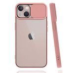 Apple iPhone 13 Mini ile uyumlu Kılıf Slayt Sürgülü Arkası Buzlu Lensi Kapak - Pembe Açık