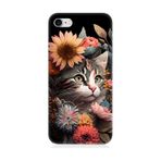 Apple İphone 7 Uyumlu Silikon Kılıf Çiçekler Ve Kül Gri Kedi