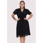 Apsen 4255/110 Siyah Kruvaze Yaka Kuşaklı Büyük Beden Midi Boy Şifon Kadın Elbise