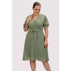 Apsen Collection Apsen Kadın Fıstık Yeşili Kruvaze Yaka Kuşaklı Büyük Beden Midi Boy Şifon Elbise 4255-110