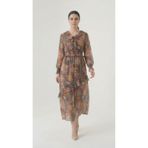 Apsen Collection Apsen Kadın Kahverengi Şifon Çiçek Desenli Fırfır Yaka Ve Etek Detaylı Tesettür Elbise 4521-135