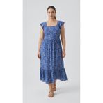 Apsen Collection Apsen Kadın Mavi Çiçek Desenli Kare Yaka Volan Kollu Katlı Etek Midi Yazlık Elbise 4524-115