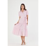 Apsen Collection Apsen Kadın Pembe Renk Boydan Düğmeli Eteği Volanlı Çizgili Elbise 4501-120