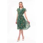 Apsen Collection Apsen Kadın Zümrüt Yeşili Desen Kruvaze Yaka Midi Boy Şifon Elbise 4445-110