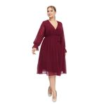 Apsen Textile 4450-110 Kruvaze Yaka Kuşaklı Uzun Kol Bordo Kadın Midi Şifon Elbise
