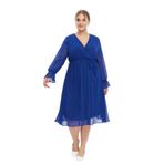 Apsen Textile 4450-110 Kruvaze Yaka Kuşaklı Uzun Kol Saks Kadın Midi Şifon Elbise
