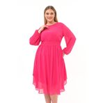 Apsen Textile 4466-120 Bisiklet Yaka Uzun Kol Detaylı Fuşya Kadın Midi Şifon Elbise
