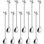 Aputue Uzun kaşık, 10 adet 18 cm yaprak saplı çay kaşığı seti, ayna parlatma işlemli, kokteyl karıştırma, sundae, tatlı kabı için mükemmel, gümüş paslanmaz çelik tatlı kaşığı