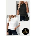 AQE FASHION 2 Adet Bisiklet Yaka Likralı Kısa Kollu Bluz Siyah Beyaz