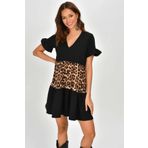 AQE Fashion 210084 Leopar Siyah Kadın V Yaka Leopar Desenli Bloklu Elbise