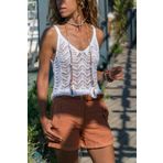 AQE FASHION Kadın Ajurlu Askılı Beyaz V Yaka Örme Bluz
