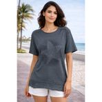 AQE FASHION Kadın Bisiklet Yaka Kısa Kollu Yıkamalı Yıldız Baskılı Omzu Fileli Bohem Salaş Rahat Gri T-shirt