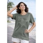 AQE FASHION Kadın Bisiklet Yaka Kısa Kollu Yıkamalı Yıldız Baskılı Omzu Fileli Bohem Salaş Rahat Haki T-shirt