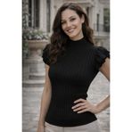 AQE FASHION Kadın Boğazlı Kolsuz Fırfır Detaylı Fitilli Şık Günlük Siyah Triko Bluz