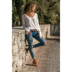 AQE FASHION Kadın Geniş Kollu V Yaka Ekru Kazak - XL