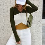 AQE FASHION Kadın Haki Beyaz Hardal Renk Bloklu Uzun Kollu Triko Kazak - Haki - Beyaz - Hardal - 2XL