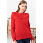 AQE FASHION Kadın Kırmızı Omuz Askı Detaylı Triko Kazak - 2XL