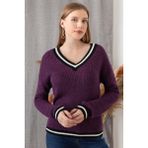 AQE FASHION Kadın Mor Şeritli V Yaka Kazak - XL