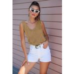 AQE FASHION Kadın Ön Arka V Yaka Kolsuz Askılı Sim Detaylı Camel Bluz