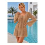 AQE FASHION Kadın Ön Arka V Yaka Uzun İspanyol Kol Sırt Bağlamalı Pamuklu Camel Mini Mayo Üstü Plaj Elbisesi