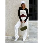 AQE FASHION Kadın Siyah Beyaz Bordo Renk Bloklu Uzun Kollu Triko Kazak - Siyah - Beyaz - Bordo