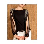 AQE FASHION Kadın Siyah Kolları Tüllü Bluz