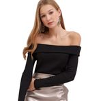 AQE FASHION Kadın Siyah Madonna Yaka Bluz