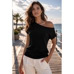 AQE FASHION Kadın Triko Bluz Siyah Kısa Kollu Yarasa Kol Sosis Yaka Kayık Yaka Günlük Yumuşak Şık