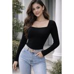 AQE FASHION Kadın Triko Bluz Siyah U Yaka Uzun Kollu Slim Fit Basic Çok Esnek Günlük