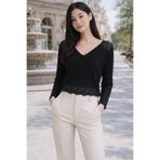 AQE FASHION Kadın Triko Bluz Siyah V Yaka Uzun Kollu Ajurlu Dantel Detaylı Örgü Desenli Salaş Mevsimlik