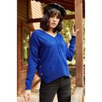 AQE FASHION Kadın Yandan Düğmeli V Yaka Saks Mavisi Kazak - XL