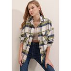 AQE FASHION Kadın Yeşil Ekoseli Cepli Gömlek - XL