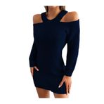 AQE Fashion Omuzu Açık Uzun Kollu Midi Boy Tam Kalıp Lacivert Triko Kadın Elbise