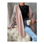 AQE FASHION Selanik Örgü Leopar Desenli Uzun Kadın Hırka Pudra/Siyah