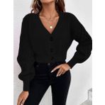 AQE FASHION V Yaka Örgü Desenli Triko Crop Siyah Hırka