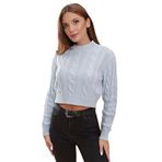 AQE FASHION Yarım Balıkçı Yaka Saç Örgülü Kısa Crop Bebe Mavisi Kazak