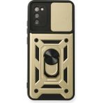 Aqua Aksesuar Samsung Galaxy A02S Kılıf Kamera Korumalı Sürgülü Yüzüklü Armor Military Zırh Tank - Gold