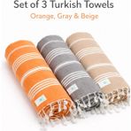 AQUATOLIA Aquatolıa Kadyanda Peştemal 3 Adet %100 Pamuk- 100X180 Cm- Peştemal- Plaj Havlusu- Çizgi Desen - Gri - Bej - Turuncu - 100 × 180 cm