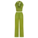 AQUELLA Tül Yağ Yeşili Crop Top-Pantolon Takım