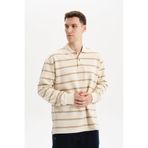 Ar-ma Erkek Polo Yaka Sweatshirt Baskisiz Çizgili Düğmeli Cepsiz Örme Kumaş Büyük Beden%100 Pamuk Ringel Otoman K30554801602 Ekru-E1